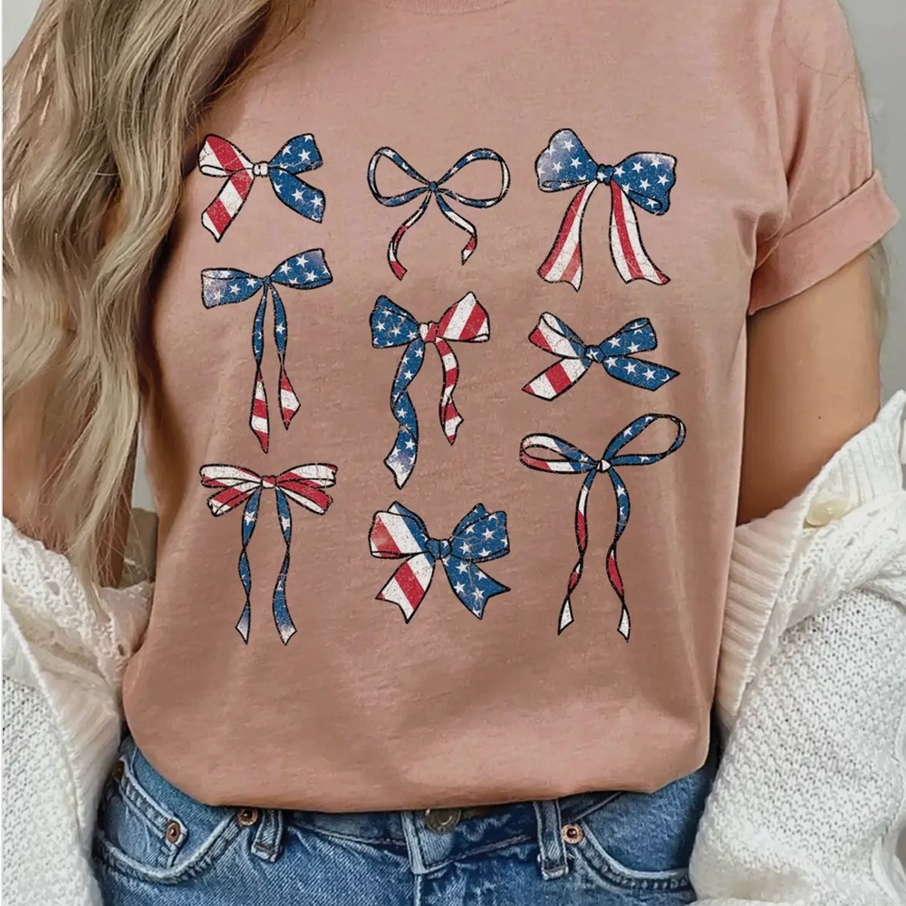 Rustee Women's Graphic American Flag Bow T-Shirt